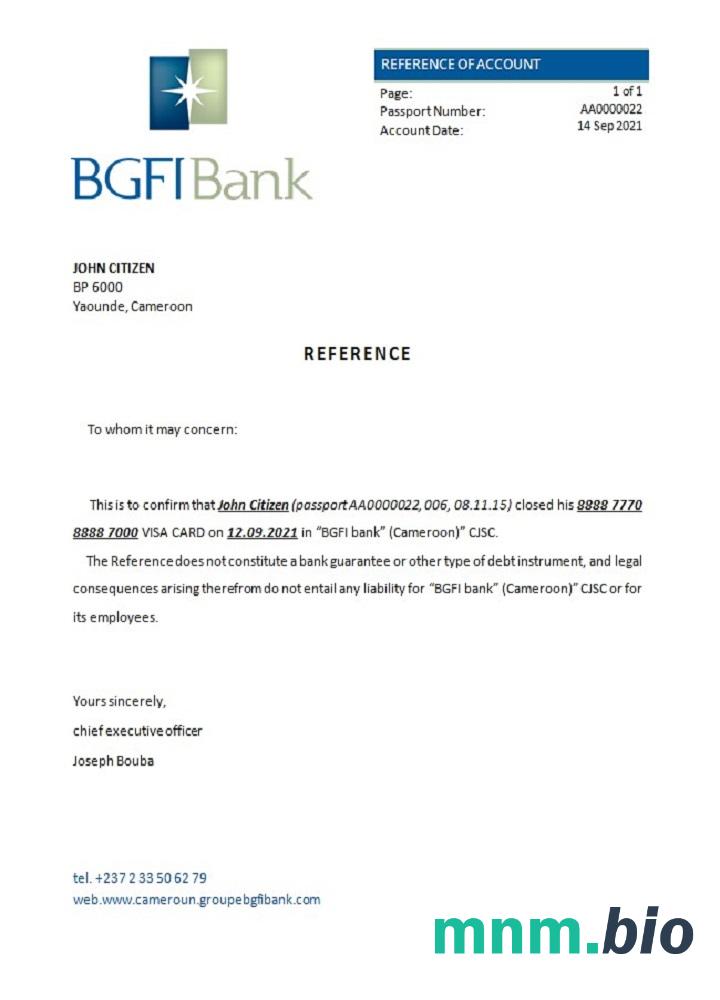 Kamerun BGFI Bank Bonapriso przykład zamknięcia odniesienia w formatach Word i PDF